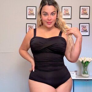 Women's Tummy Control Split Cup Bandeau One Piece Swimsuit Plus Size Strapless